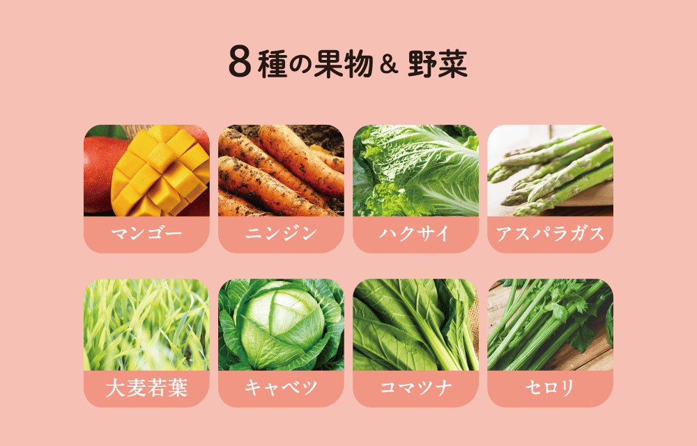 8種の果物&野菜（マンゴー・ニンジン・ハクサイ・アスパラガス・大麦若葉・キャベツ・コマツナ・セロリ）